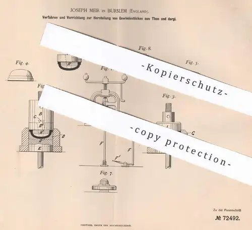 original Patent - Joseph Meir , Burslem , England , 1893 , Gewindestücke aus Ton , Steingut | Gewinde , Gips !!