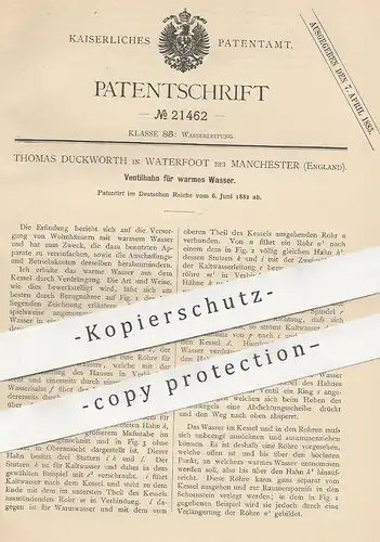 original Patent - Thomas Duckworth , Waterfoot / Manchester , England , 1882 , Ventilhahn für warmes Wasser | Wasserhahn