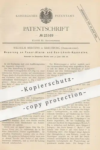 original Patent - Wilhelm Mertens , Kreuzburg / Schlesien , 1882 , Feuer - Alarm- u. Gas - Löschapparat | Feuerlöscher