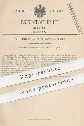 original Patent - Paul Uhlig , Fritz Wolf , Berlin , 1898 , Schleifscheibe aus Linoleum | Schleifen , Leder