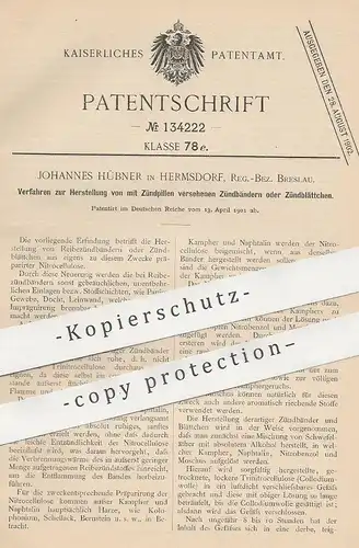original Patent - Johannes Hübner , Hermsdorf , Breslau , 1901 , Zündbänder o. Zündblätter mit Zündpillen | Zünder