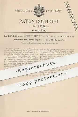 original Patent - Farbwerke vorm. Meister Lucius & Brüning , Höchst / Main  1899 , Blauer Wollfarbstoff | Farbe , Farben