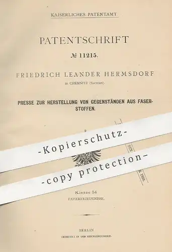 original Patent - Friedrich Leander Hermsdorf , Chemnitz , 1880 , Presse für Gegenstände aus Faserstoff | Hydraulik !!