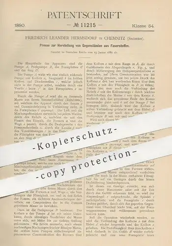 original Patent - Friedrich Leander Hermsdorf , Chemnitz , 1880 , Presse für Gegenstände aus Faserstoff | Hydraulik !!