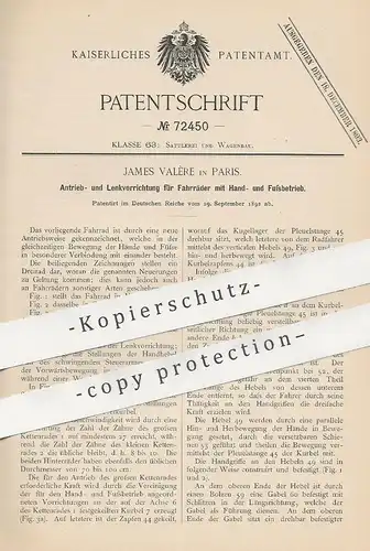 original Patent - James Valère , Paris , Frankreich , 1892 , Antrieb u. Lenkung für Fahrräder mit Hand- und Fußbetrieb !