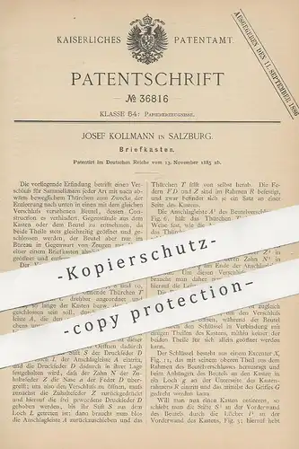 original Patent - Josef Kollmann , Salzburg , Österreich , 1885 , Briefkasten | Brief - Kasten | Post , Sammelkasten !!