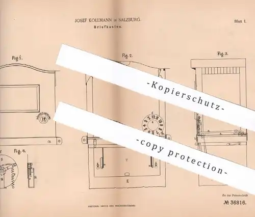 original Patent - Josef Kollmann , Salzburg , Österreich , 1885 , Briefkasten | Brief - Kasten | Post , Sammelkasten !!
