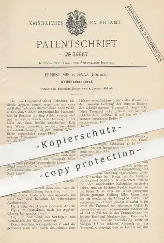 original Patent - Ernest Mik , Saaz , Böhmen , 1886 , Kalklöschapparat | Kalk , Wasser , Trommel , Rotation !!!