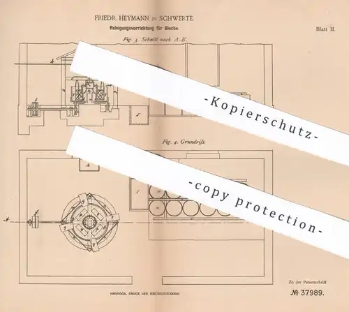 original Patent - Friedr. Heymann , Schwerte , 1885 , Reinigung von Blech | Bleche , Draht , Metall | Säure !!