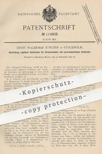 original Patent - Ernst Waldemar Jungner , Stockholm , Schweden , 1899 , negative Elektroden für Stromsammler | Batterie