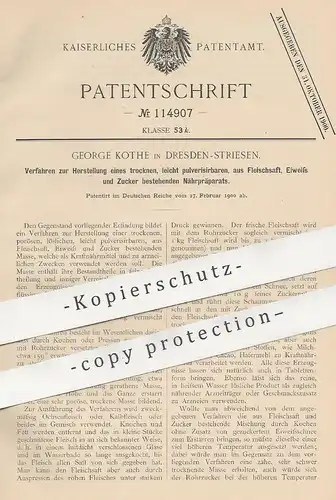 original Patent - George Kothe , Dresden / Striesen , 1900 , Nährmittel - Pulver aus Eiweiß , Zucker , Fleischsaft !!