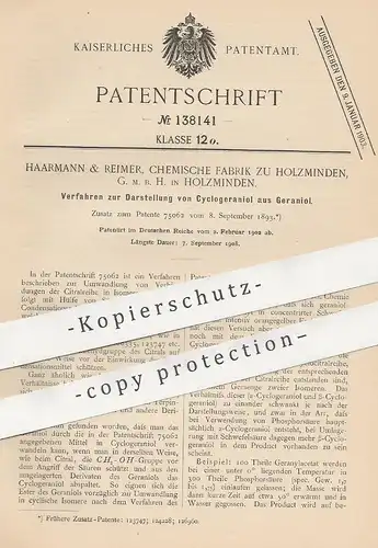 original Patent - Haarmann & Reimer Chemische Fabrik zu Holzminden GmbH , 1902 , Darst. von Cyclogeranicol aus Geraniol