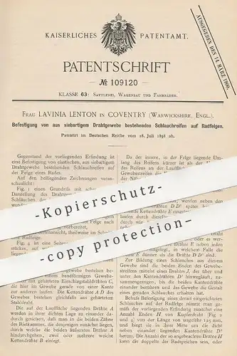 original Patent - Lavinia Lenton , Coventry , Warwickshire , England 1898 , Schlauchreifen auf Radfelgen | Reifen , Rad