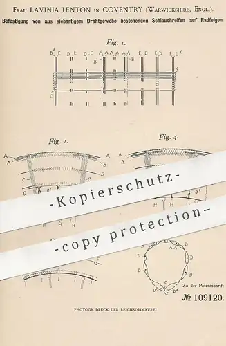 original Patent - Lavinia Lenton , Coventry , Warwickshire , England 1898 , Schlauchreifen auf Radfelgen | Reifen , Rad