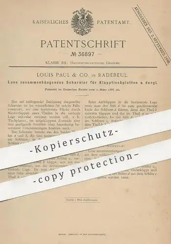original Patent - Louis Paul & Co. , Radebeul , 1886 , Scharnier für Klapptischplatten | Tisch , Tischler , Möbel !