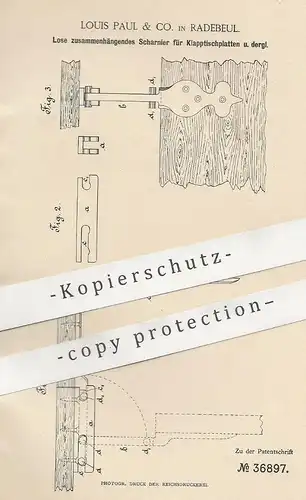 original Patent - Louis Paul & Co. , Radebeul , 1886 , Scharnier für Klapptischplatten | Tisch , Tischler , Möbel !