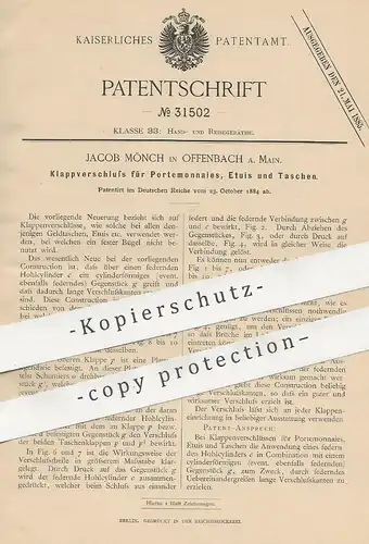 original Patent - Jacob Mönch , Offenbach / Main , 1884 , Verschluss für Portemonnaies , Etuis , Taschen , Brieftasche !