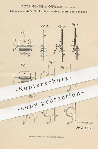original Patent - Jacob Mönch , Offenbach / Main , 1884 , Verschluss für Portemonnaies , Etuis , Taschen , Brieftasche !