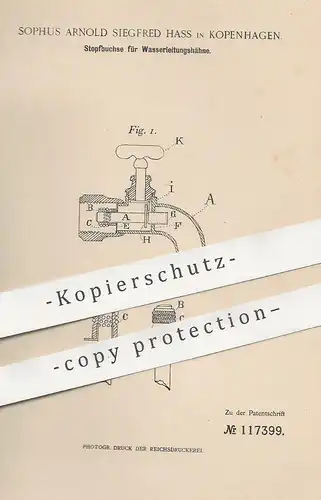 original Patent - Sophus Arnold Siegfred Hass , Kopenhagen , Dänemark , 1900 , Stopfbuchse für Wasserhahn | Klempner