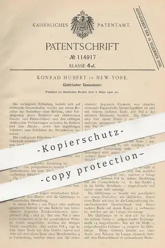 original Patent - Konrad Hubert , New York , USA , 1900 , Elektrischer Gasanzünder | Gas , Strom , Glühlampe , Licht !!!