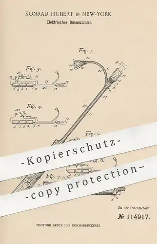 original Patent - Konrad Hubert , New York , USA , 1900 , Elektrischer Gasanzünder | Gas , Strom , Glühlampe , Licht !!!