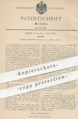 original Patent - Henri Claude , Brüssel , Belgien , 1900 , Gasventil | Gas - Ventil | Gaslampe , Lampe , Petroleum !!!