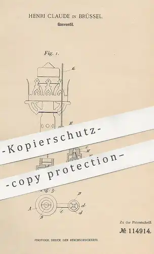 original Patent - Henri Claude , Brüssel , Belgien , 1900 , Gasventil | Gas - Ventil | Gaslampe , Lampe , Petroleum !!!