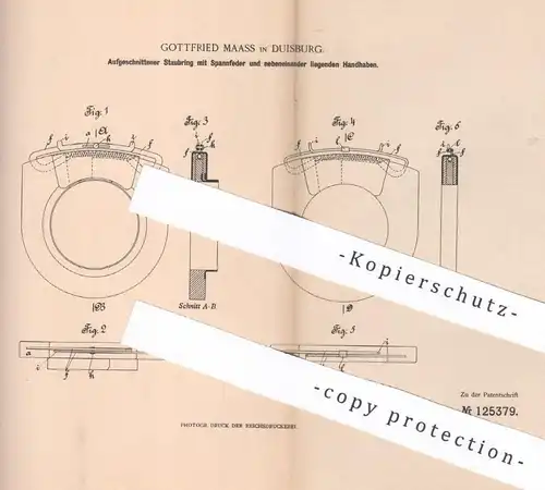 original Patent - Gottfried Maass , Duisburg , 1900 , Aufgeschnittener Staubring mit Spannfeder | Ring , Feder , Hub