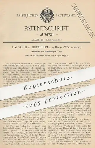 original Patent - J. M. Voith , Heidenheim / Brenz | 1893 | Papierstoff - Holländer | Papier , Papierfabrik , Stoff