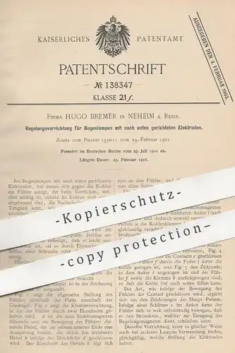 original Patent - Hugo Bremer , Neheim / Ruhr , 1901 , Regelung für Bogenlampen mit Elektroden | Wagner'scher Hammer