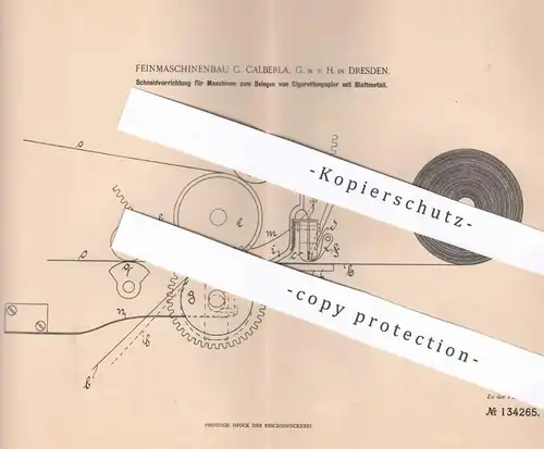 original Patent - Feinmaschinenbau G. Calberla GmbH , Dresden , 1901 , Belegen von Zigaretten - Papier mit Blattgold !!