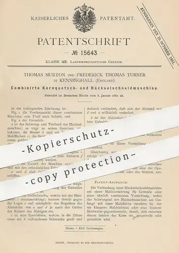 original Patent - Thomas Murton , Frederick Thomas Turner , Kenninghall , England , 1881 , Häcksel - Schneidmaschine !!