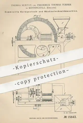 original Patent - Thomas Murton , Frederick Thomas Turner , Kenninghall , England , 1881 , Häcksel - Schneidmaschine !!