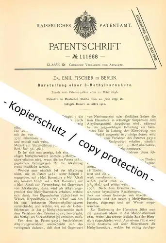 original Patent - Dr. Emil Fischer , Berlin , 1899 , Darst. von 3- Methylharnsäure | Harnsäure | Chemie | Hill & Mabery