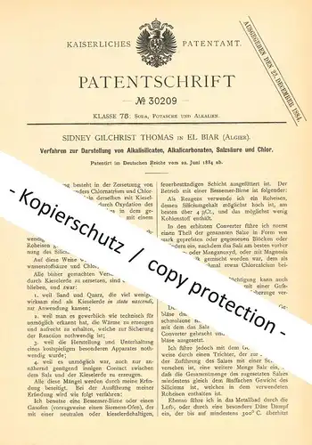 original Patent - Sidney Gilchrist Thomas , El Biar / Algier Algerien | 1884 | Alkalisilicat Alkalicarbonat Säure Chlor