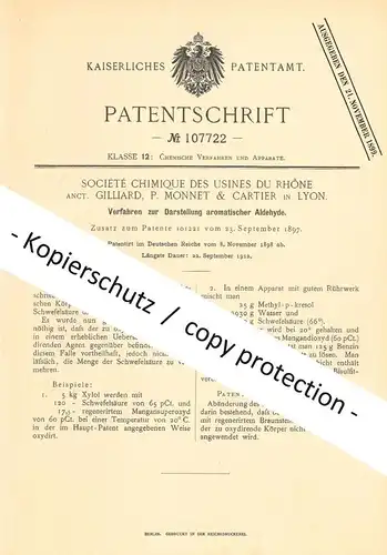 original Patent - Société Chimique des Usines du Rhône Gilliard | P. Monnet & Cartier , Lyon Frankreich | 1898 | Aldehyd