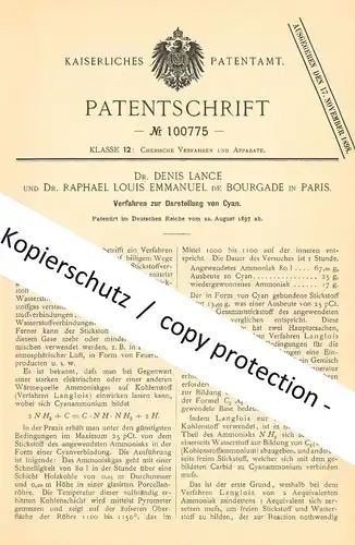 original Patent - Dr. Denis Lance | Dr. Raphael Louis Emmanuel de Bourgade , Paris , Frankreich , 1897 , Darst. von Cyan