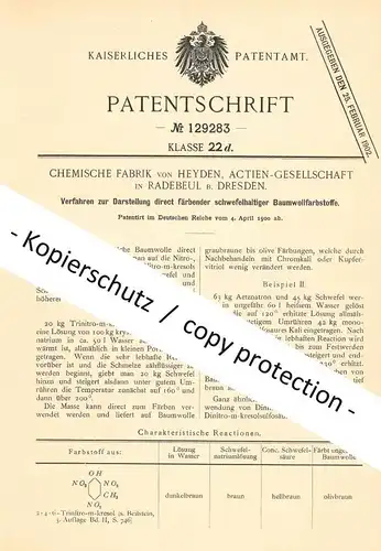 original Patent - Chemische Fabrik von Heyden AG , Radebeul / Dresden | 1900 | schwefelhaltiger Baumwollfarbstoff !!