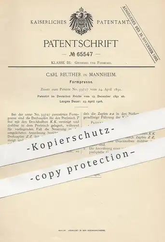 original Patent - Carl Reuther , Mannheim , 1891 , Formpresse | Presse , Pressen , Giesserei , Form , Presstisch