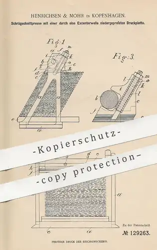 original Patent - Henrichsen & Mohr , Kopenhagen Dänemark , 1900 , Schrägschnittpresse mit Druckplatte | Presse , Druck