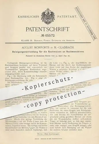 original Patent - August Monforts , Mönchengladbach , 1891 , Reinigung der Walzen an Rauhmaschinen | Walze !!