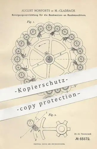 original Patent - August Monforts , Mönchengladbach , 1891 , Reinigung der Walzen an Rauhmaschinen | Walze !!