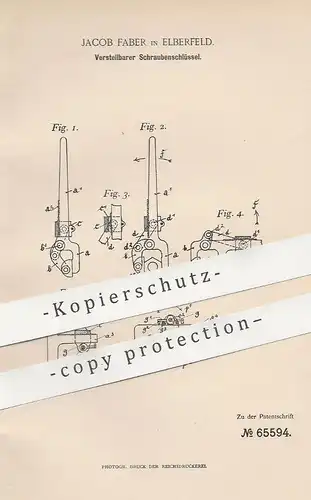 original Patent - Jacob Faber , Elberfeld , 1891 , Stellbarer Schraubenschlüssel | Maulschlüssel , Werkzeug , Schlosser