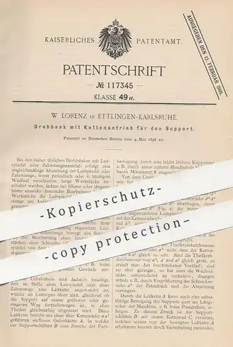 original Patent - W. Lorenz , Karlsruhe / Ettlingen , 1898 , Drehbank mit Kettenantrieb | Dreher , Metall , Holz !!!
