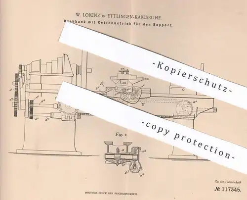 original Patent - W. Lorenz , Karlsruhe / Ettlingen , 1898 , Drehbank mit Kettenantrieb | Dreher , Metall , Holz !!!