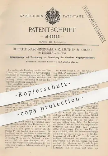 original Patent - Hennefer Maschinenfabrik C. Reuther & Reisert , Hennef / Sieg , 1891 | Neigungswaage | Waage , Waagen
