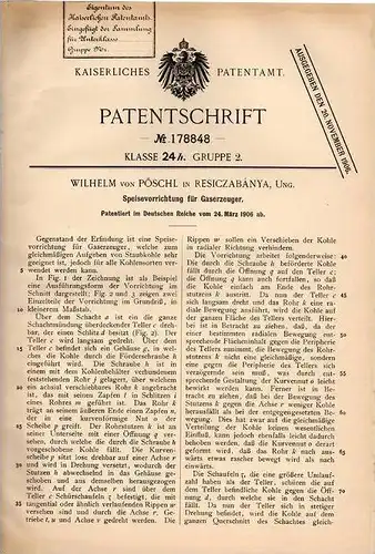 Original Patentschrift - W. von Pöschl in Resiczabánya / Resica , 1906 , Apparat für Gaserzeuger , Gas !!!
