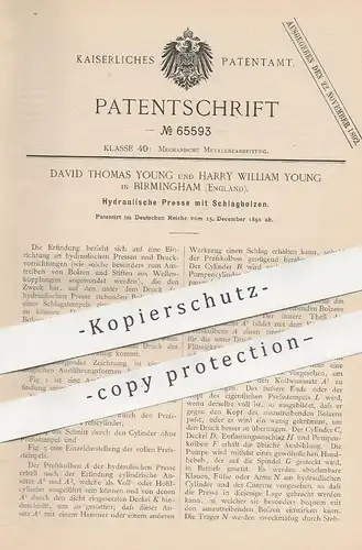 original Patent - David Thomas Young , Harry William Young , Birmingham , England 1891 , Hydraulische Presse | Hydraulik