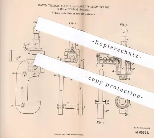 original Patent - David Thomas Young , Harry William Young , Birmingham , England 1891 , Hydraulische Presse | Hydraulik