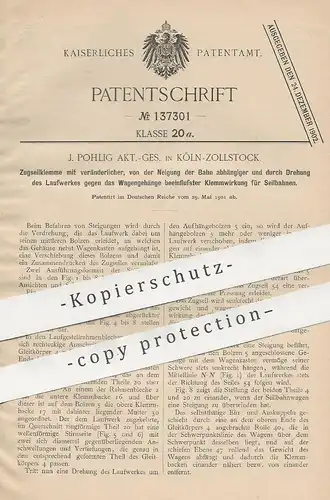 original Patent - J. Pohling AG , Köln / Zollstock , 1901 , Zugseilklemme | Klemme , Seilbahn , Bahn , Zug , Eisenbahn